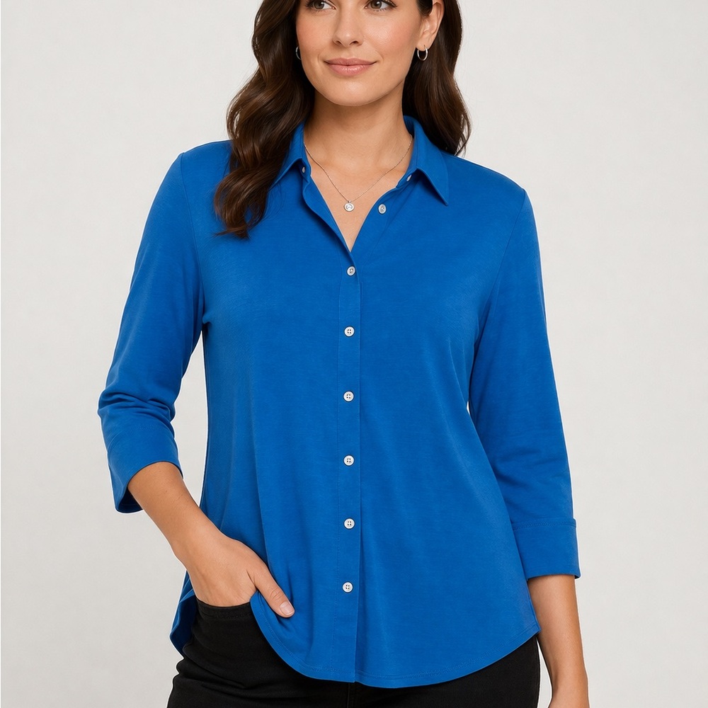 Hinson Wu Blue Stretch Knit Button Down Shirt Blouse Size S 3/4 Sleeve